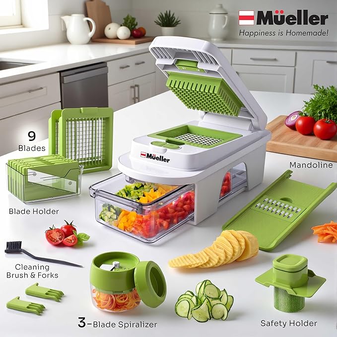 Mueller Pro-Series All-in-One, 12 Blade Mandoline Slicer for Kitchen, Food Chopper, Cucumber Slicer and Spiralizer, Cutter, Dicer, Grater, Gifts for Mom, Kitchen Essentials, White Sand/Green