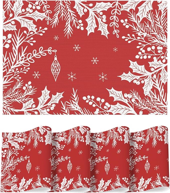 Artoid Mode Red Weed Wild Flower Vinyl Plastic Placemats Set of 4, 12x18 Inch Woven Washable Non-Slip PVC Place Mats for Party Kitchen Dining Decor