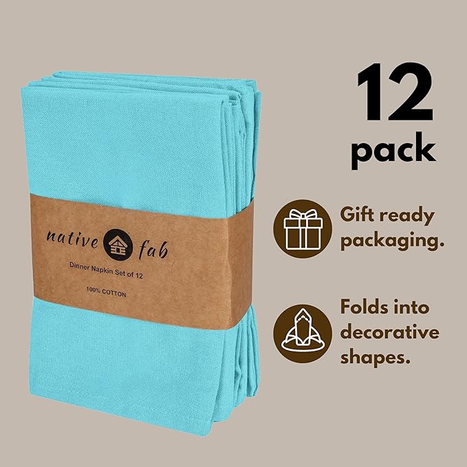 Native Fab Blue Cloth Napkins, 12 Pack, 100% Cotton, 17x17 Inches, Heavy Duty, Soft Texture, Quick Drying, Great for Spring Holidays, Family Gatherings, Baby Showers, Restaurant Use, Ocean Blue
