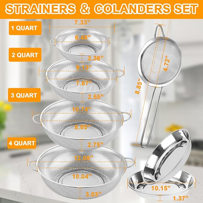 Colander Stainless Steel, 7 Piece Strainers and Colanders Set, Mesh Strainer Net Baskets with Handles, 2 Stainless Steel Plates and Fine Mesh Strainer for Kitchen Food Strain Drain Rinse Cooking