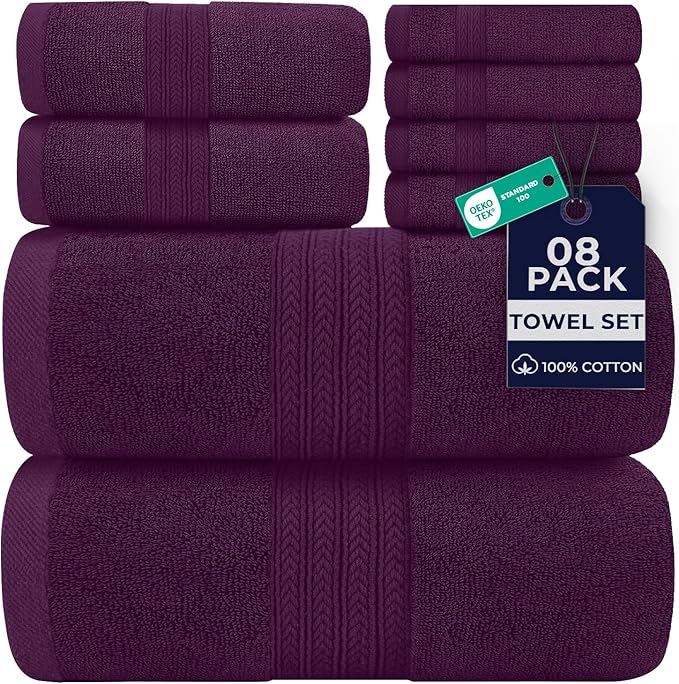 DAN RIVER 8 PC Luxury Bath Towels for Bathroom, 2 Bath, 2 Hand, and 4 Wash Cloths, 600 GSM 100% Ring Spun Cotton Towel Set, Highly Absorbent, Gym, Hotel, and Spa, Purple