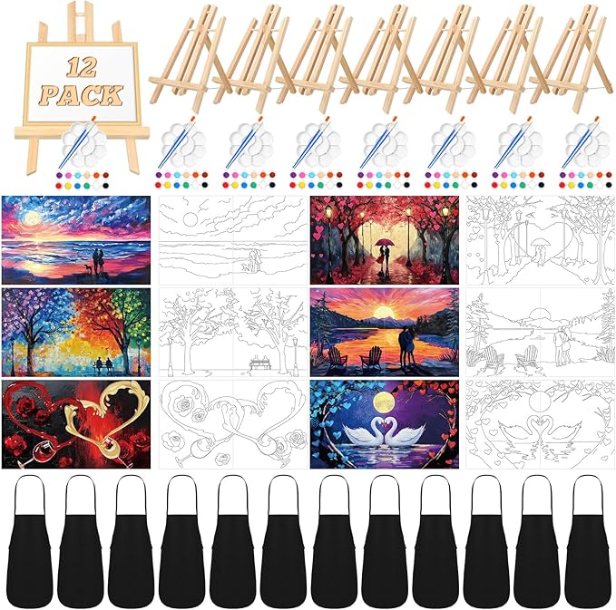 Motipuns 12 Set Couples Painting Kit Date Night Sip and Paint Kit for Adults Pre Drawn Canvas to Paint at Home Valentines Day Party Favor Supplies Couples Activity Romantic 8x10 Canvas Painting