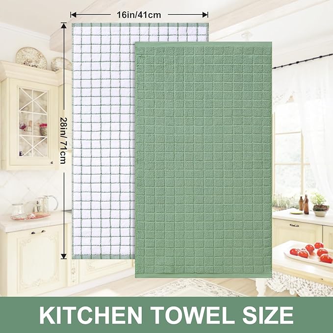 Homaxy Premium Cotton Kitchen Towels 16"x 28", Large Natural Ring Spun 390 GSM Dish Towels, Super Absorbent Terry Kitchen Hand Towels, Soft Tea Towels with Hanging Loop, Grass Green Check, 6 Pack