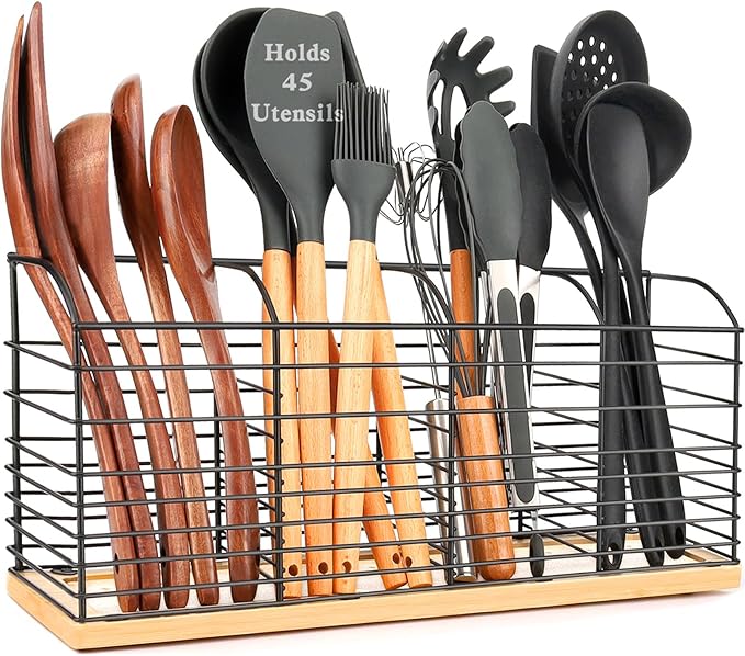 Extra Large Utensil Holder for Kitchen Counter - 15.7"x 6.7"x 4.4", Aesthetic Design, Anti-Slip Mat, 4 Compartments, Black Cooking Utensil Organizer for Countertop, Spatula Utensil Caddy