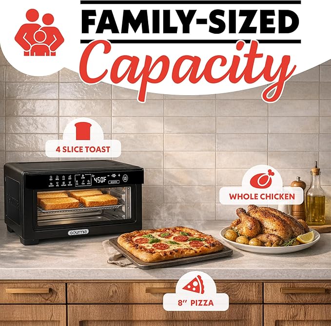 Gourmia Toaster Oven Digital Air Fryer - Convection Mode with 4 Slice Capacity, 3 Rack Positions, 12 Presets, Toast, Bagel, Bake, Roast, Broil, Dehydrate, Popcorn, Fits 9" Pizza, Black