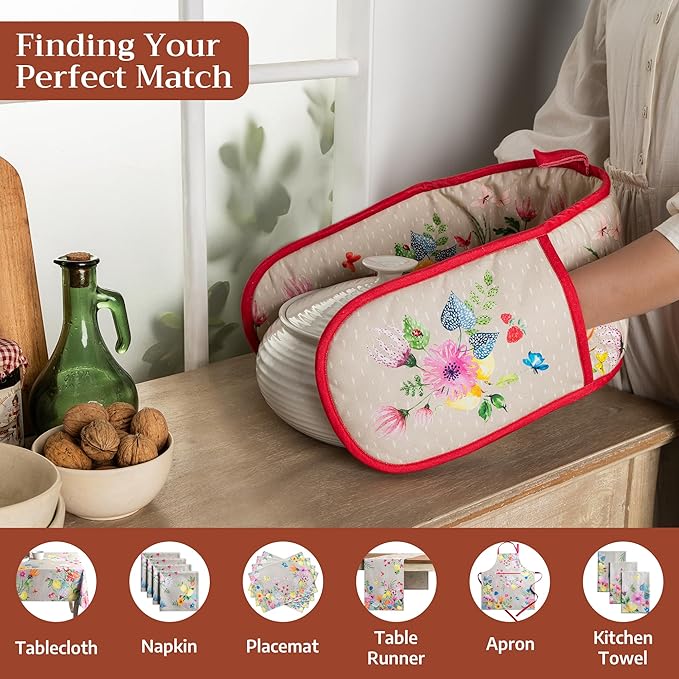 Maison d' Hermine Double Oven Mitts 100% Cotton 7"x35" Double Oven Mitt Heat Resistant BBQ Cooking Gloves with Loop Baking Grilling Gifts for Mothers Day Spring Summer (Jardin D'Ete - Fog)