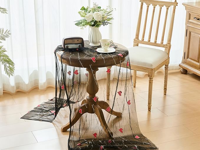 YATOJUZI Black Table Runner Red Heart Embroidery Valentine's Day Decorations Black Tulle Dining Table Runners for Home Kitchen Decor Anniversary Wedding Party