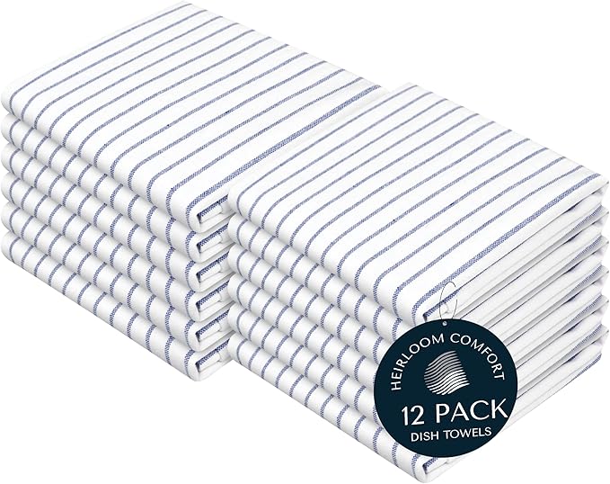 Indigo Blue Stripe Kitchen Towels, 12 Pack, 100% Cotton, Super Absorbent and Quick Dry, Classic Striped Towel Set, Durable Dish Cloths for Kitchen Use, Cleaning & Drying Dishes