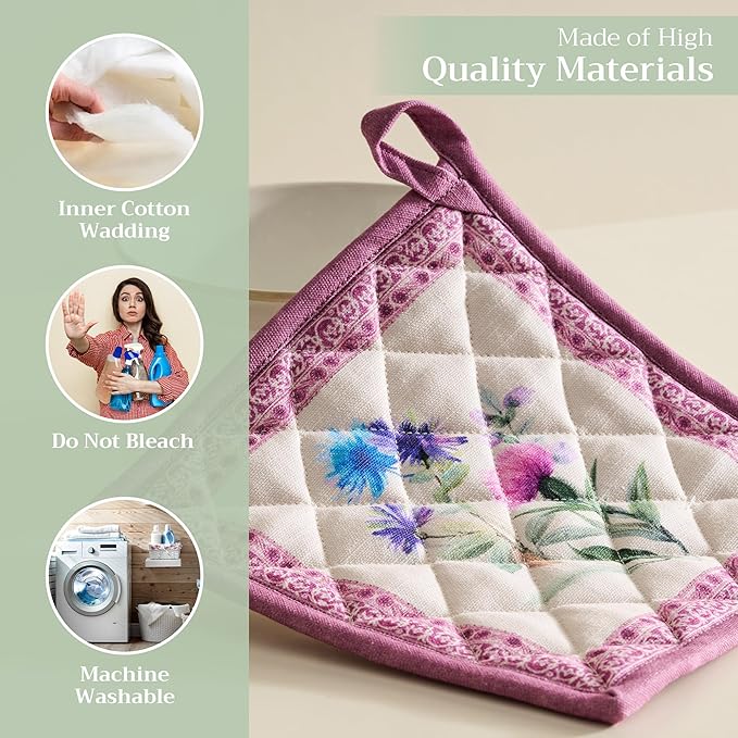 Maison d' Hermine Pot Holders 100% Cotton Heat Resistant Potholders 8" x 8" Hot Pads with Loop BBQ Cooking Baking Gifts for Mothers Day Handling Hot Pans Spring/Summer (Pack of 1, Chardon)