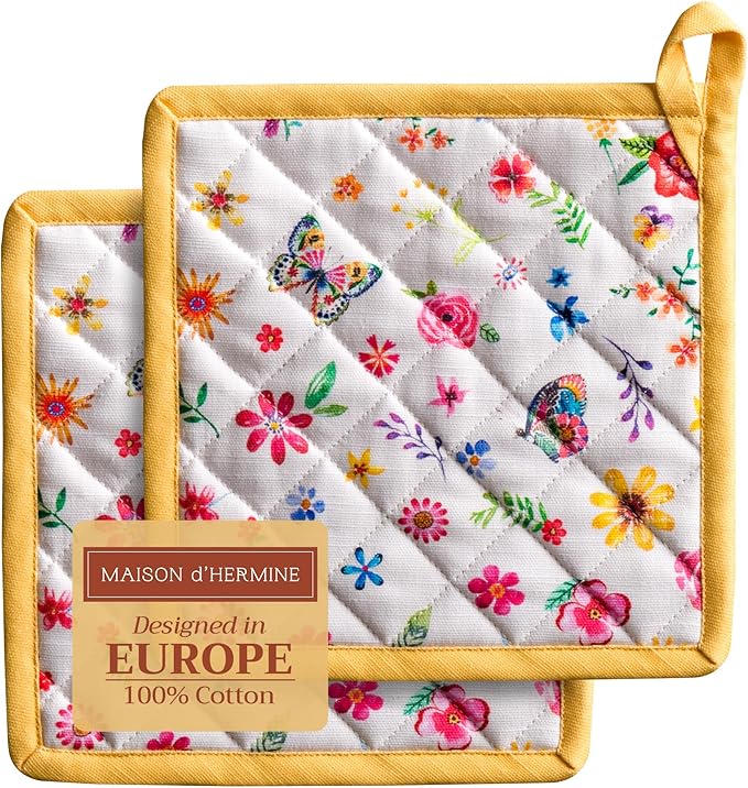 Maison d' Hermine Pot Holders 100% Cotton Heat Resistant Potholders 8" x 8" Hot Pads with Loop Baking Gifts for Mothers Day Handling Hot Pans Spring/Summer (Pack of 2, Happy Florals - Sweety)