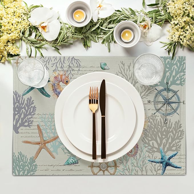 Nautical Placemats Set of 4 Starfish Sea Shell Beach Theme Ocean Coral Washable Non-Slip Heat Resistant 12×18 Inch Seasonal Summer Linen Fabric Table Mat for Party Kitchen Dining