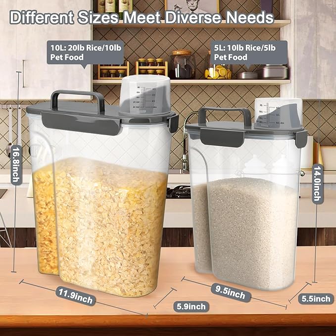 Komzon Rice Storage Containers, Airtight Cereal Containers Storage, BPA Free Rice dispenser for Flour, Pasta, Grain and Baking, Pet Dog Cat Bird Food Container 20lb+ 10lb Grey