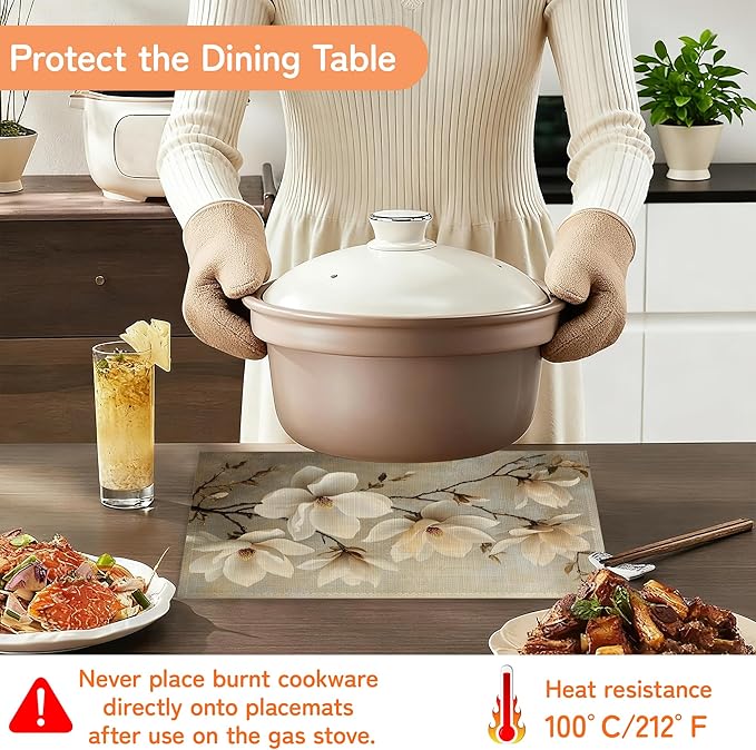 Vintage Magnolia Placemats Set of 6,Waterproof Heat Resistant Dining Table Plate Mat for Home Kitchen Dining Table 12x18Inch