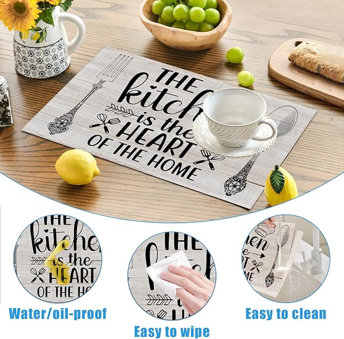 The Kitchen is The Heart of The Home Placemats Set of 6, Washable Linen Place Mat Heat Resistant Non Slip Kitchen Dining Table Mats 12x18 Inch