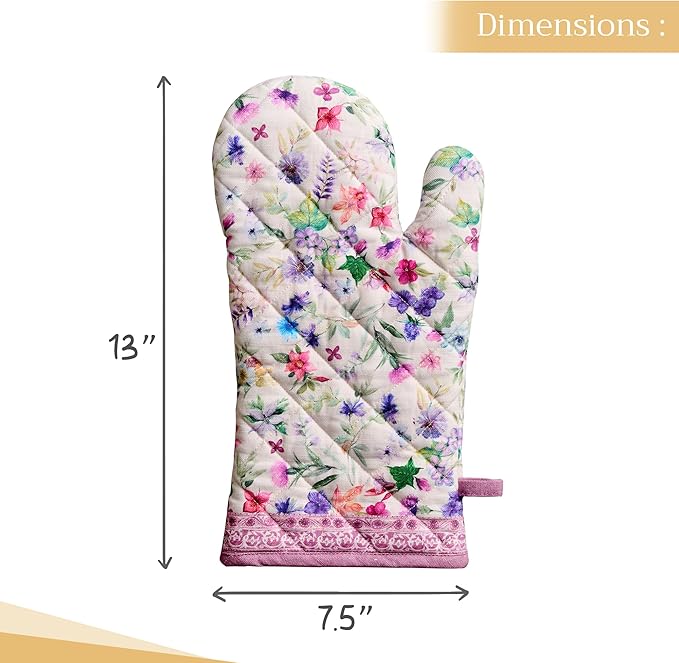 Maison d'Hermine Oven Gloves 100% Cotton Oven Mitt 7" x 13" with Loop Heat Resistant BBQ Cooking Gloves Baking Grilling Gifts for Mothers Day Spring/Summer (Pack of 1, Chardon)