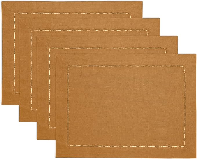 Solino Home Linen Cloth Placemats Set of 4-100% Pure Linen Hemstitch Brown Sugar Placemats 14 x 19 Inch - Classic Hemstitch Table Place Mats for Mothers Day