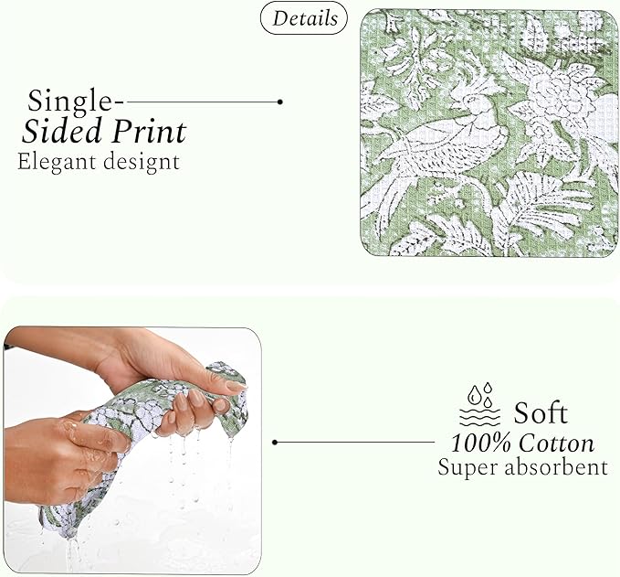 CPC Olive Green Hand Block Printed Cotton Waffle Dish Cloth Set of 6-12x12 Inch Super Absorbent, Soft, Reusable Kitchen Towels for Dish Drying & Cleaning Ideal for Spring, Mother's Day