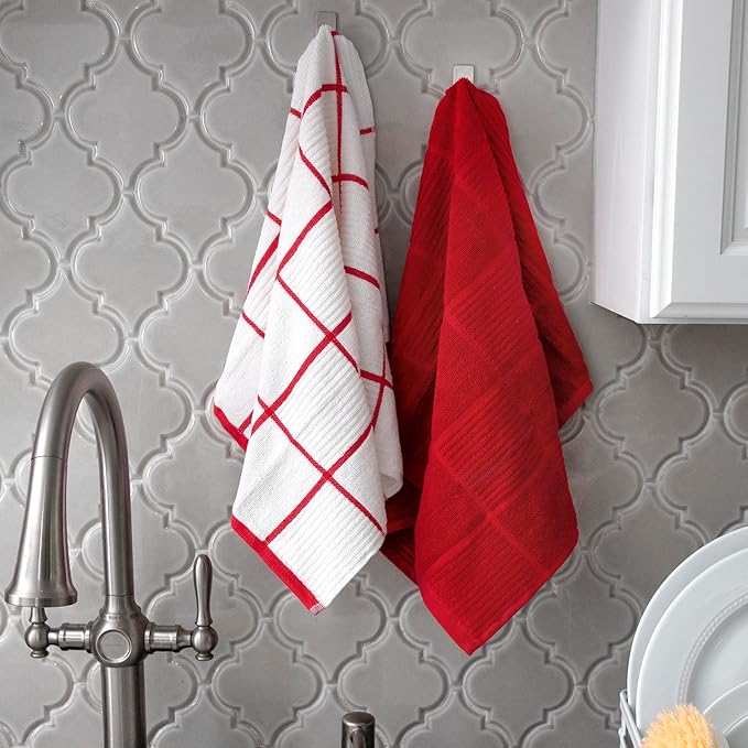 T-Fal Solid & Checked Parquet Kitchen Towels: Highly Absorbent, Super Soft Long Lasting - 100% Cotton, 16"x26" Dish Towels for Cleaning & Drying Dishes, Pans, Glassware, or Countertops, (2-Pack), Red