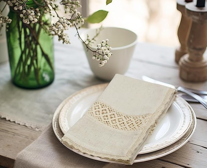 COTTON CRAFT Cloth Napkins with Lace - Set of 8 Natural Cotton Flax Elegant Everyday Fall Harvest Thanksgiving Holiday Table Lunch Dinner Napkins - Washable Reusable Serviette - 17x17 inches