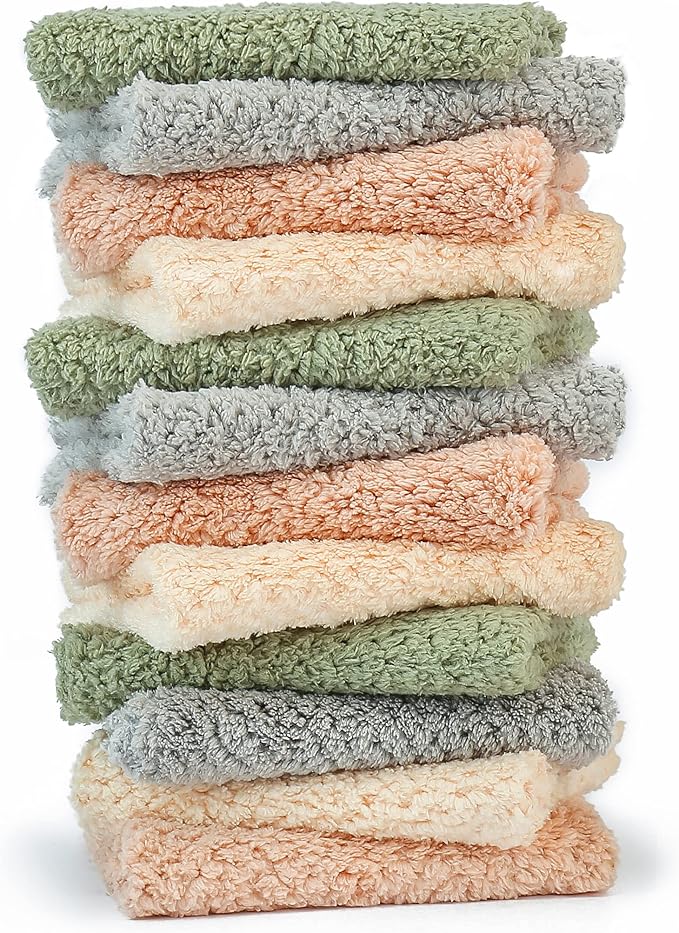 K&janet6am Microfiber Cleaning Cloth for Kitchen, 12 Pack Premium Coral Velvet Dish Cloths for Washing Dishes, Super Absorbent Coral Fleece Cleaning Cloths, Nonstick Oil Washable Fast Drying Rags