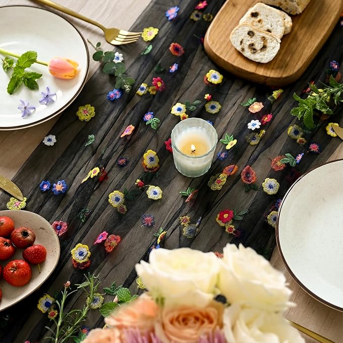 Artoid Mode Black Embroidery Daisy Gauze Table Runner 120 Inch 10FT, Seasonal Sheer Kitchen Dining Holiday Wedding Birthday Table Decor for Home Party