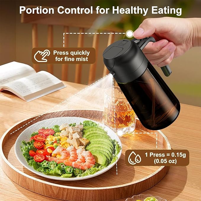 LAKUMIQI 2 in 1 Oil Sprayer for Cooking, 16oz Olive Oil Dispenser Bottle for Kitchen, Food Grade Light-Blocking Leak Proof Glass Spray Bottle for Salad, Air Fryer, BBQ
