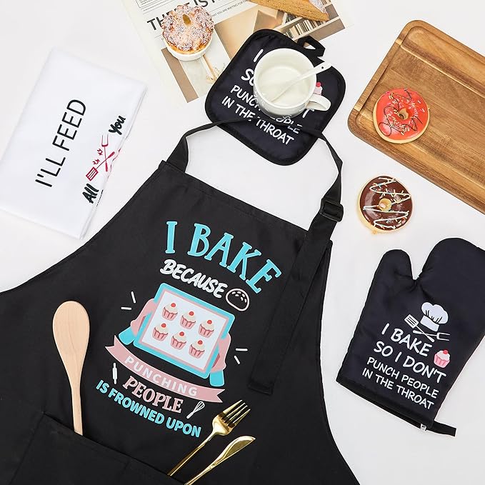 Defresit Funny Baking Apron Set for Women Men - Includes Baking Apron, Oven Mitts, Pot Holder, Kitchen Towel - Birthday Mothers Day Cooking Gifts for Baker, Mom, Wife | Thanksgiving, Christmas