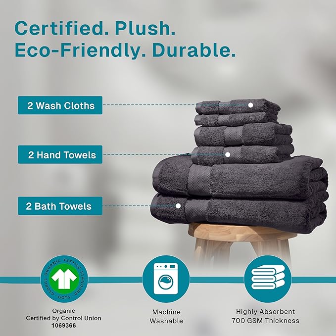 Fabdreams 100% Organic Cotton Bath Towel Set of 6 700 GSM Hotel Premium Plush Absorbent Soft Durable SkinFriendly Spa Quality Bathroom Comfort with 2 Bath 2 Hand Towel and 2 Wash Cloths Charcoal Black