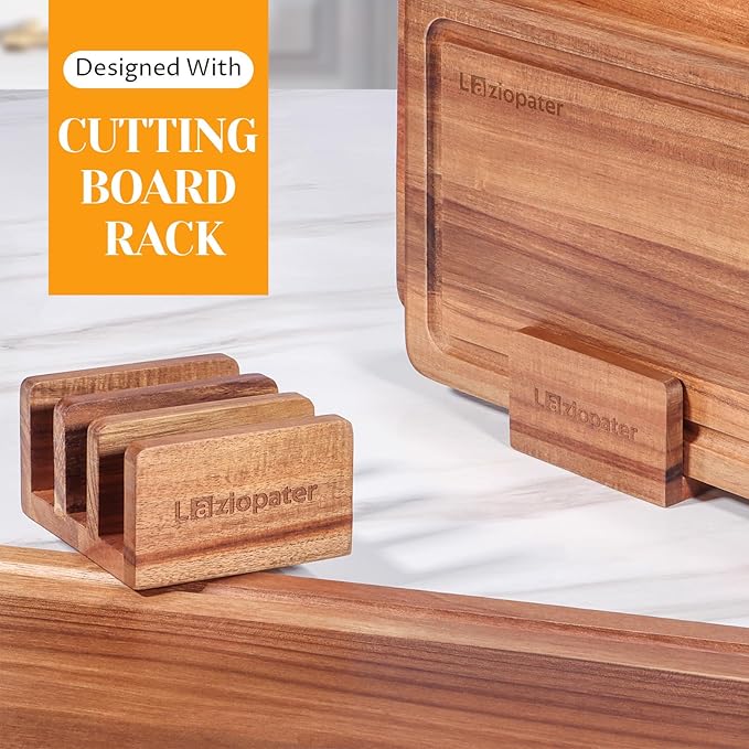 Acacia Wood Cutting Board Set of 3, Solid Wood Cutting Board with Holder, Deep Juice Grooves & Built-in Handles, Durable Wooden Chopping Board Set for Meat, Vegetables, Cheese, Kitchen Prep