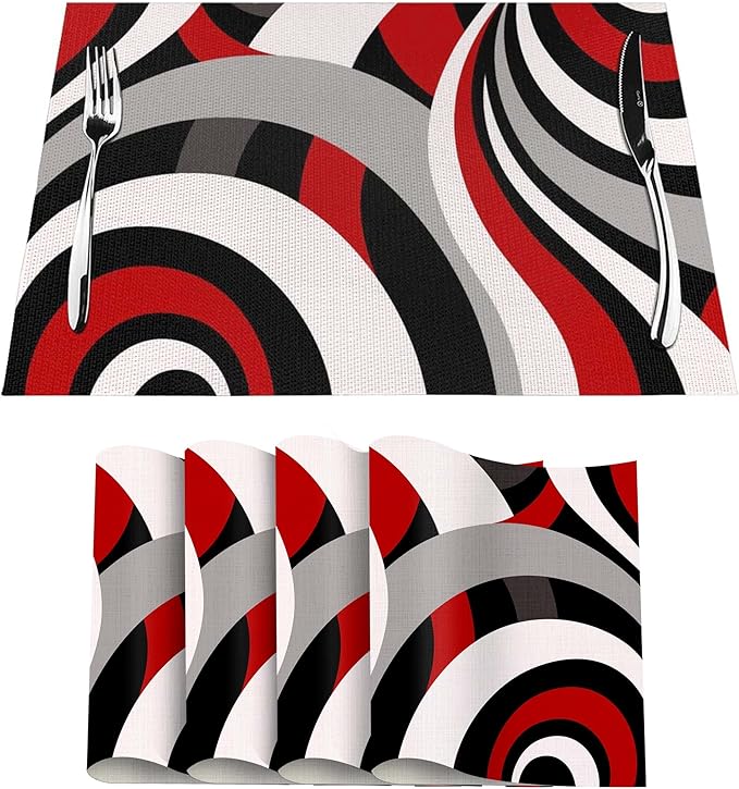 Black Red Retro Modern Swirl Linen Placemats Set of 4, Washable Heat Resistant Table Mats for Dining Table Kitchen Party Holiday Outdoor Farmhouse Gardening, Kitchen Home Decor, Black Red White Grey