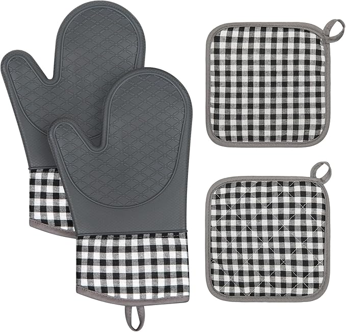Tifanso Plaid Oven Mitts and Pot Holders 4-Piece Set, Oven Mitts Gloves Heat Resistant with Non-Slip Silicone Surface for Cooking Baking Grilling, Cotton Pot Holders Pads for Kitchen Cooking (Grey)