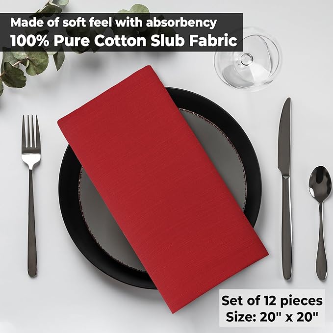 Urban Villa Cloth Napkins Set of 12 20x20 Inches 100% Cotton Napkins Cloth Washable Durable Reusable Absorbent Table Dinner Napkins Cloth for Christmas Parties Hotel Lunch Restaurant Weddings - Red