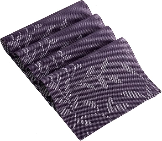 SHACOS Woven Vinyl Placemats Set of 4 Purple Leaf Pattern Place Mats Wipe Clean Durable PVC Heat Resistant Table Mats (4, Leaf Purple)