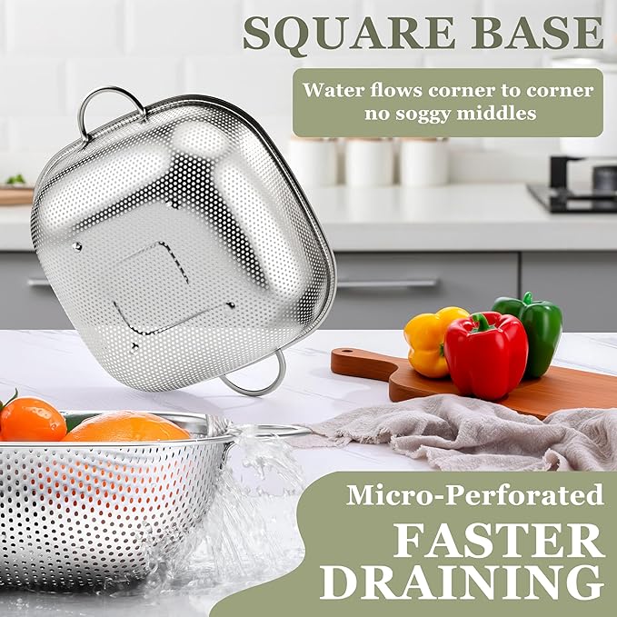 E-far 6QT Stainless Steel Colander with Handle - Square Metal Kitchen Strainer for Pasta & Vegetable Draining, Micro-Perforated & Elevated Feet, Dishwasher Safe