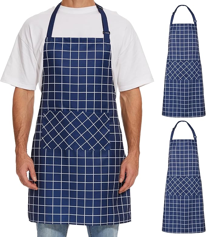 Will Well Kitchen Apron for Men and Women - 33" x 27" Oil-and-Water-Resistant with Adjustable Neck Strap and 38" Waist Ties for a Snug Fit, Lightweight with 2 Front Pockets - 2-Pack, Navy Checkered