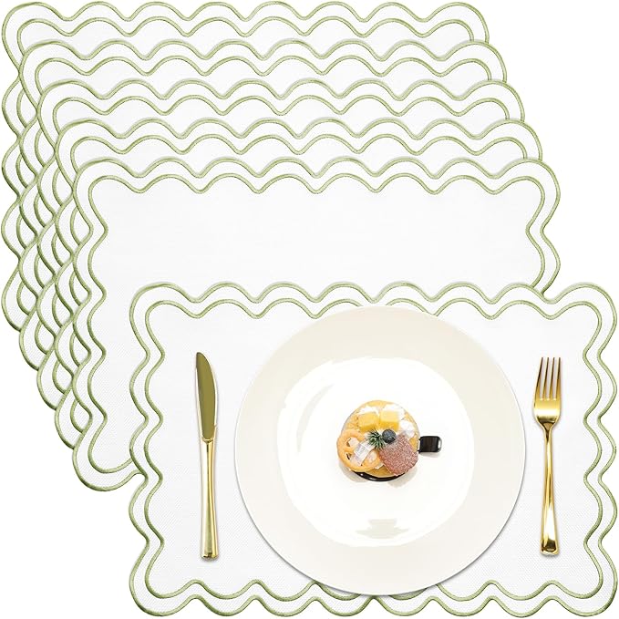 HunnmingRe Set of 6 Cotton Linen Placemats, 13x19 Inch Scalloped Wavy Embroidery Placemat Double Layered Washable Rustic Rectangle Dinner Table Mats for Wedding Home Decor(White with Green)