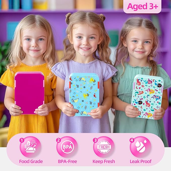 Bento Lunch Box for Kids, 6 Compartments BPA Free, Dishwasher Safe Back to School Snack Bento Lunch Containers Boxes, Ideal Portion Sizes for On-the-Go Meal, Ages 3+, School, Rose Red