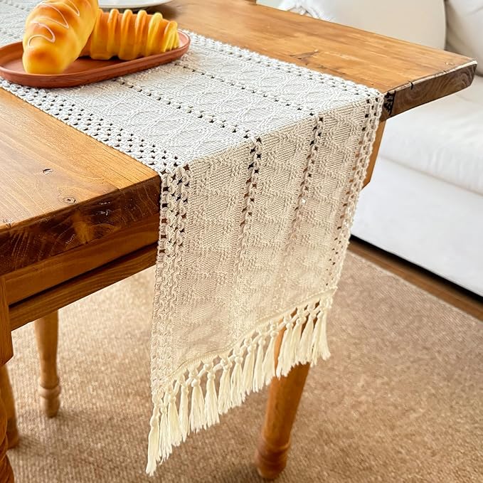 Macrame Table Runner Cream Beige Boho Table Runners with Tassels 90 Inches Long, Rustic Farmhouse Table Runners for Bohemian Kitchen Dining Table(12x90in, Fringe Included)