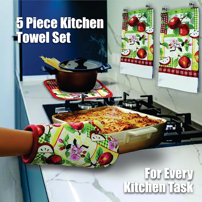 Lobyn Value Packs - Red Apples on a Patchwork Quilt, 5 Piece Kitchen Towel Set with 2 Decorative Dish Towels (25 X 15), 1 Oven Mitt (11 X 7) and 2 Potholders (6.5 X 6.5)