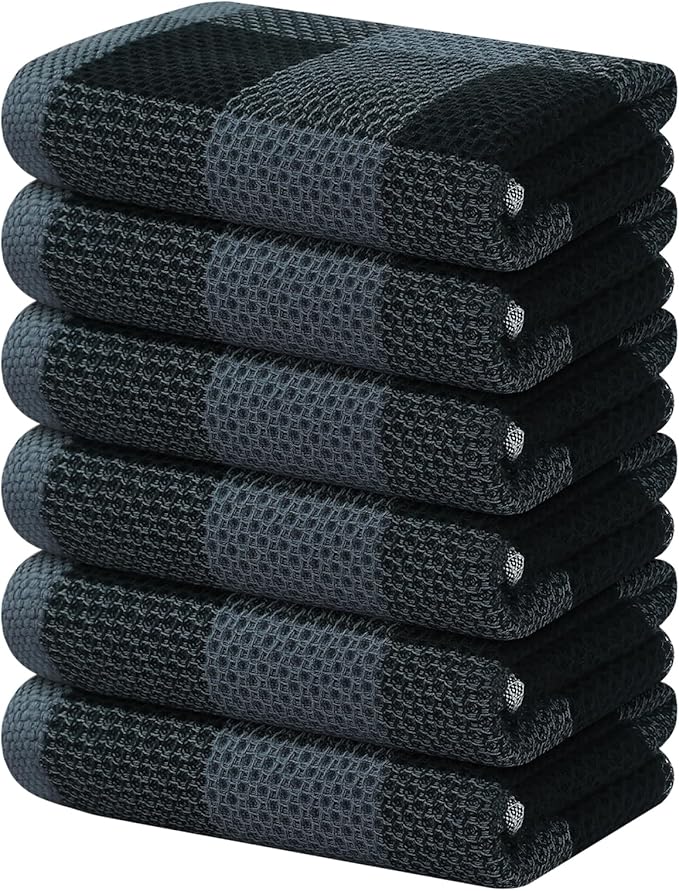 Homaxy 100% Cotton Waffle Weave Check Plaid Kitchen Towels, 13 x 28 Inches, Super Soft and Absorbent Dish Towels for Drying Dishes, 6-Pack, Black & Grey