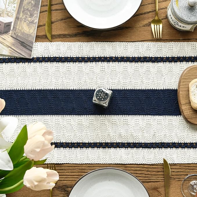 Artoid Mode Dark Blue Farmhouse Woven Rustic Table Runner, Seasonal Holiday Hollow Kitchen Dining Table Decoration for Home Party Decor 12x120 Inch