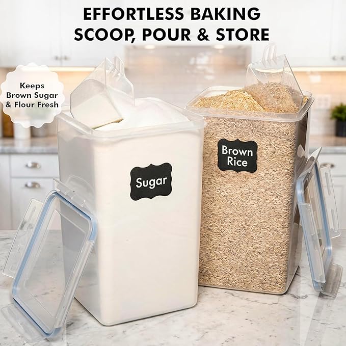 WHITE FEATHER SUPPLIES 2 PC [6.5L / 220 Oz] Large Flour Sugar Storage Containers - Leak Proof, BPA Free, Clear Plastic Food Storage Containers with Lids Airtight - Bulk Storage for Kitchen and Pantry
