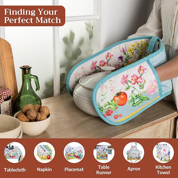 Maison d' Hermine Double Oven Mitts 100% Cotton 7"x35" Double Oven Mitt Heat Resistant BBQ Cooking Gloves with Loop Baking Grilling Gifts for Mothers Day Spring Summer (Giverny)