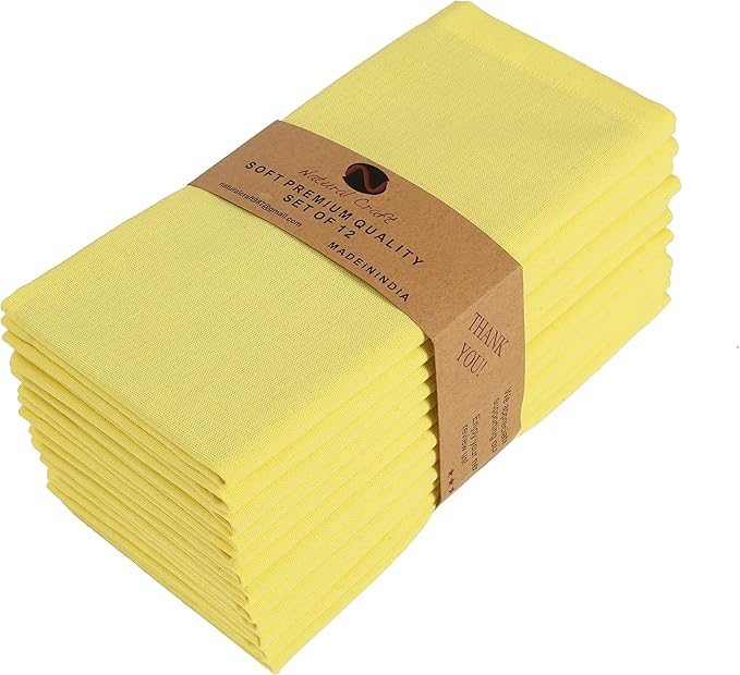 NATURALCRAFT Cloth Napkins Set of 12 Cotton Linen 18x18 Inch - Soft Durable Easter Washable - Ideal for Hotel Farmhouse Party Wedding Spring Summer Easter - Perfect Everyday Use (Lemon, Pack of 12)