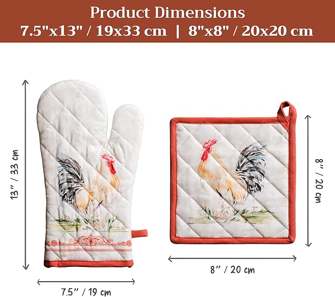 Maison d' Hermine 100% Cotton Oven Mitt & Pot Holder Set (7.5"x13" & 8"x8") Heat Resistant BBQ Cooking Gloves with Loop Baking Grilling Kitchen Gifts for Mothers Day Spring/Summer (Campagne)