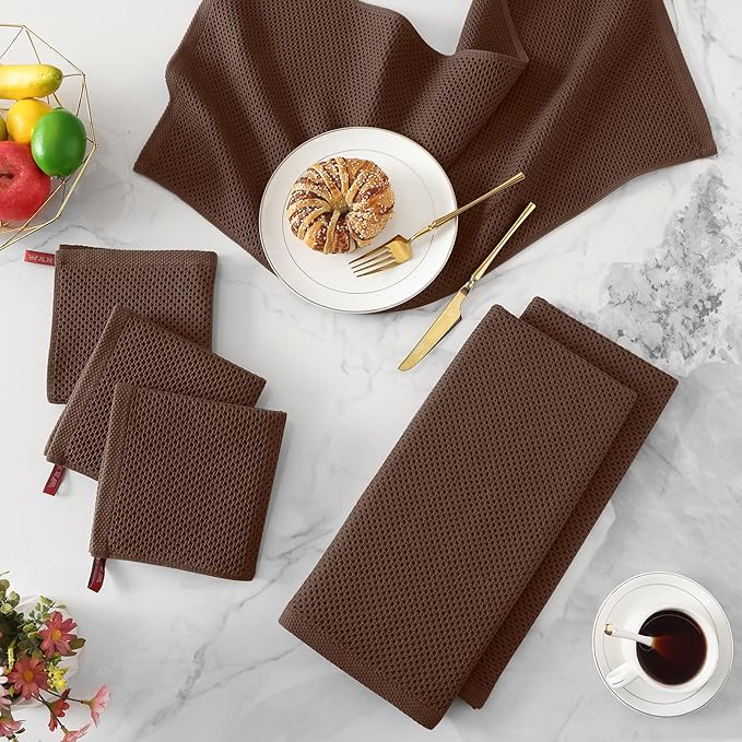 Kitinjoy 100% Cotton Waffle Weave Kitchen Hand Towels (13 X 28 Inches, Coffee), 4-Pack Super Soft and Absorbent Dish Towel for Drying Dishes
