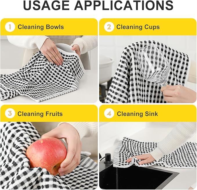 SALAS Cotton Dish Towels for Kitchen Drying Dishes, Lattice Terry Kitchen Cloths with Hanging Loop, 16‘’ x 26‘’, 8 Packs, Black