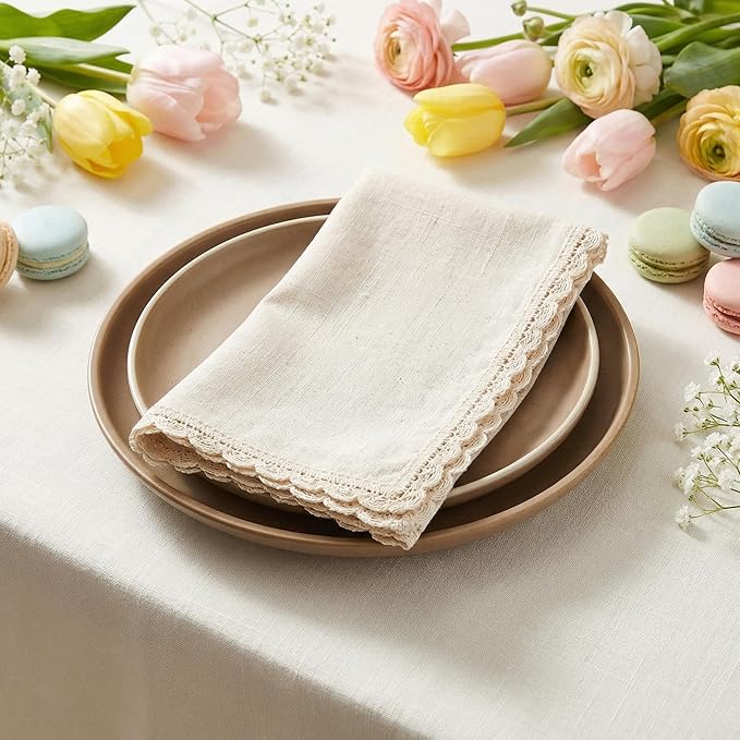 Flax Lace Cloth Dinner Napkins Set of 12 Natural - 20x20 Inches, Spring Basket Décor Premium Cotton Linen Dinning Table Napkin for Easter, Wedding, Birthday | Soft Banquet Event Napkin for Washable