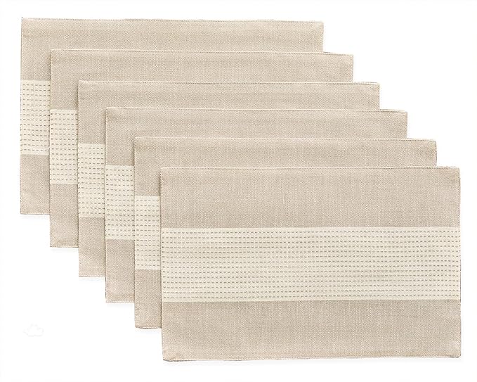 Wracra Linen Placemats, 12 x 18 Inch Set of 6 Placemats, Farmhouse Macrame Place Mats for Kitchen Table and Heat Resistant-Hemstitch Light Coffee 6PCS