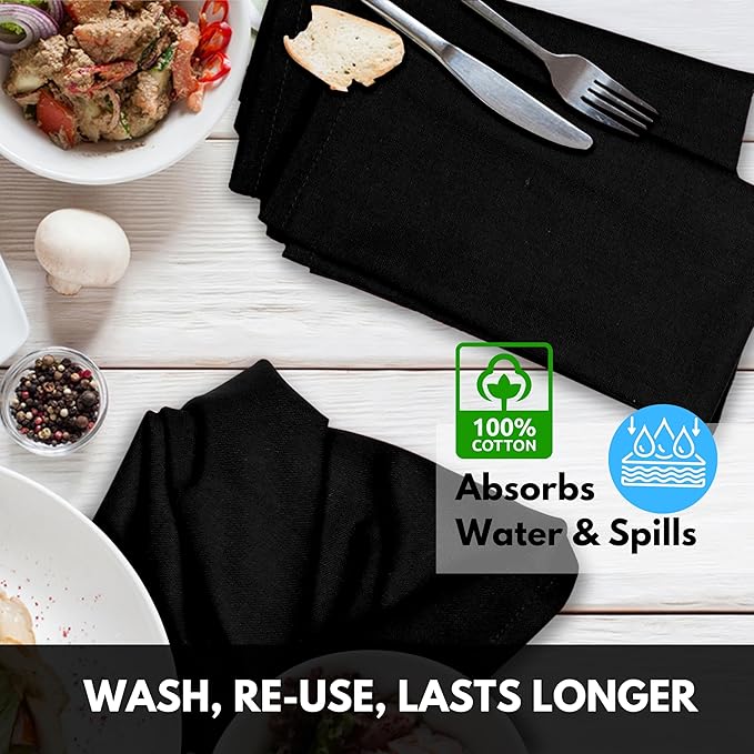 Cloth Napkin 100% Cotton Set of 4 Decorative Washable Table Napkins for Dining, Home, Wedding, Banquet - Black (17"x17")